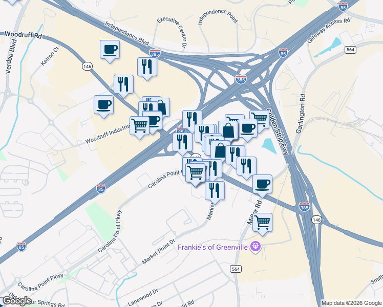 map of restaurants, bars, coffee shops, grocery stores, and more near Woodruff Road in Greenville