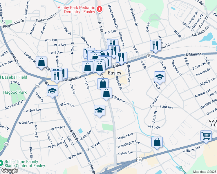 map of restaurants, bars, coffee shops, grocery stores, and more near 122 East 1st Avenue in Easley