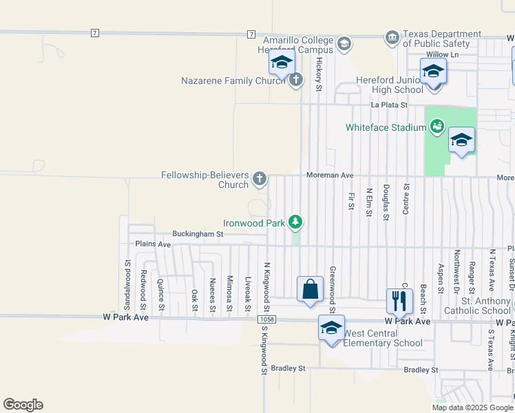 map of restaurants, bars, coffee shops, grocery stores, and more near 231 North Kingwood Street in Hereford