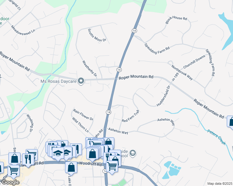 map of restaurants, bars, coffee shops, grocery stores, and more near 211 Green Arbor Lane in Greenville