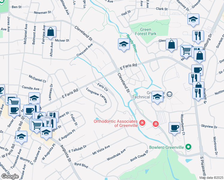 map of restaurants, bars, coffee shops, grocery stores, and more near 12727 Cleveland Street in Greenville