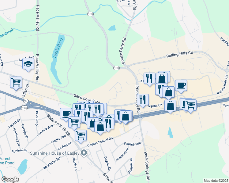 map of restaurants, bars, coffee shops, grocery stores, and more near 107 Auston Woods Circle in Easley