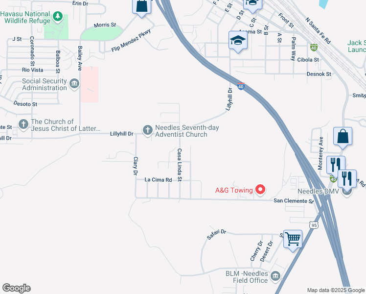 map of restaurants, bars, coffee shops, grocery stores, and more near 1929 Casa Linda Street in Needles