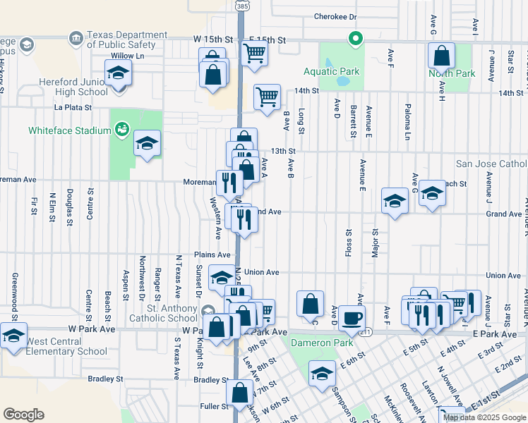 map of restaurants, bars, coffee shops, grocery stores, and more near 300 Avenue A in Hereford