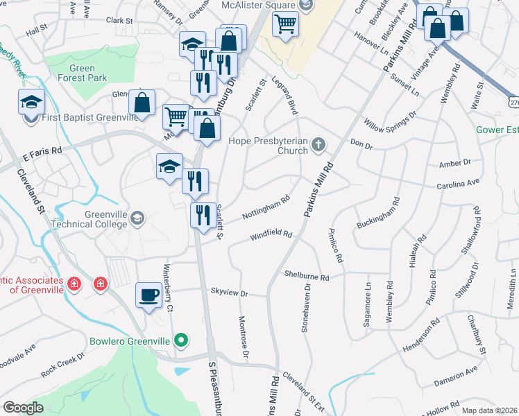 map of restaurants, bars, coffee shops, grocery stores, and more near 35 Lady Marion Lane in Greenville