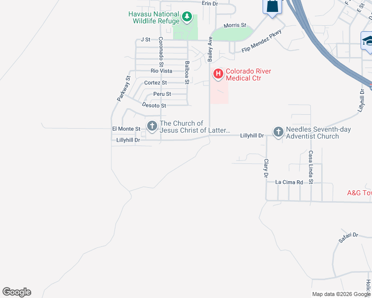 map of restaurants, bars, coffee shops, grocery stores, and more near 1001 Lillyhill Drive in Needles
