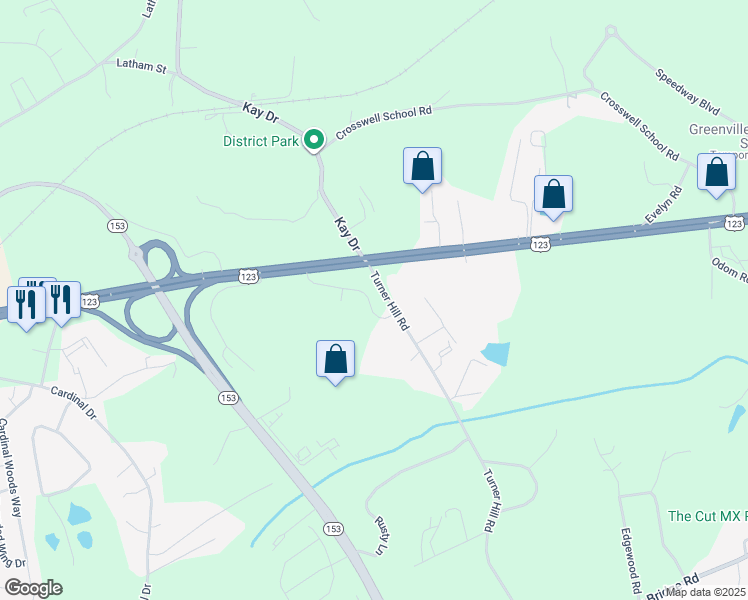 map of restaurants, bars, coffee shops, grocery stores, and more near 117 Turner Hill Road in Easley