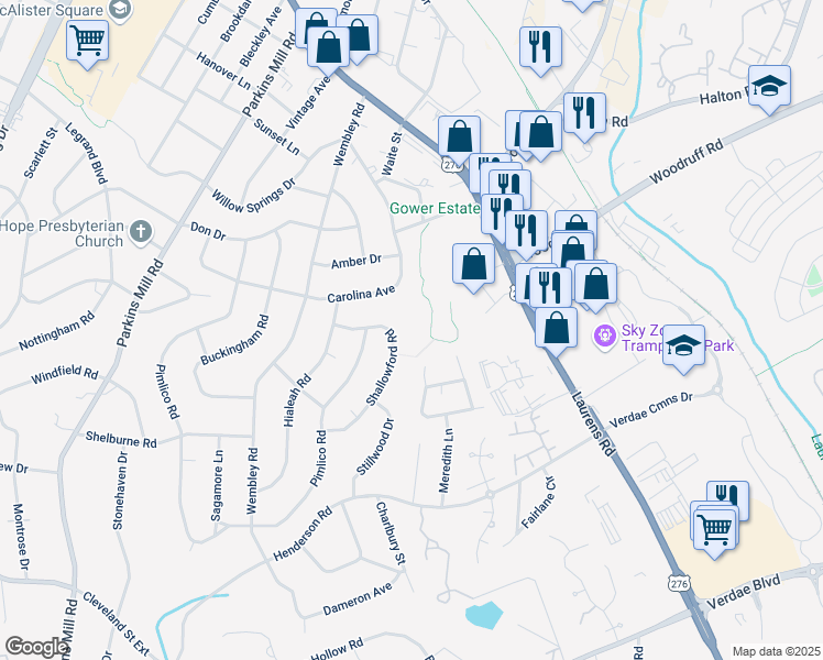map of restaurants, bars, coffee shops, grocery stores, and more near 126 Shallowford Road in Greenville