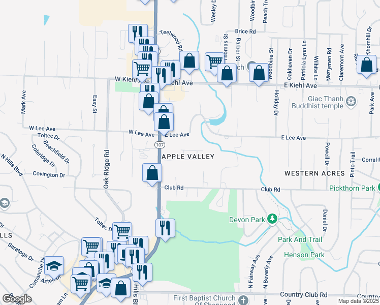 map of restaurants, bars, coffee shops, grocery stores, and more near 234 Apple Valley Drive in Sherwood