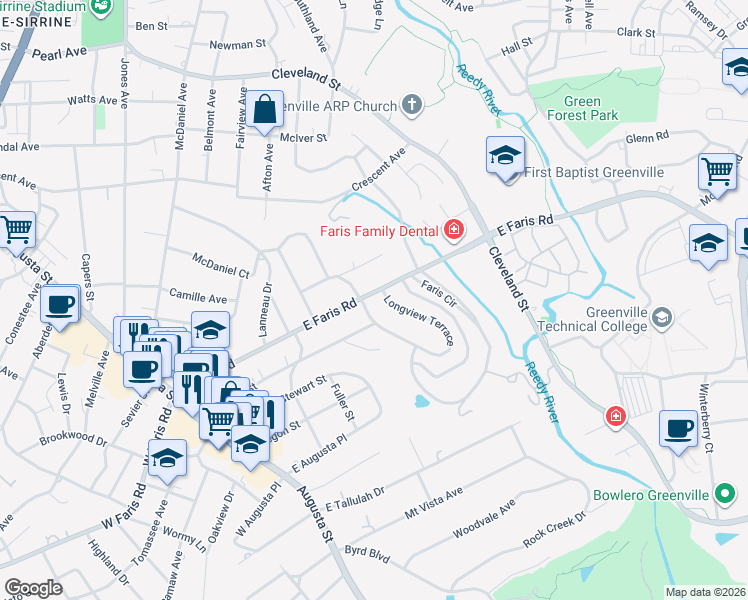map of restaurants, bars, coffee shops, grocery stores, and more near 406 East Faris Road in Greenville