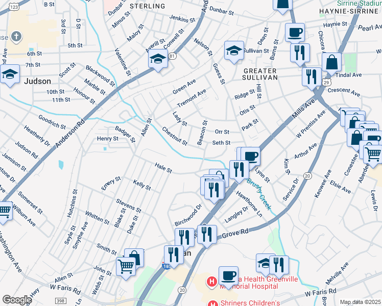 map of restaurants, bars, coffee shops, grocery stores, and more near 120 Chestnut Street in Greenville
