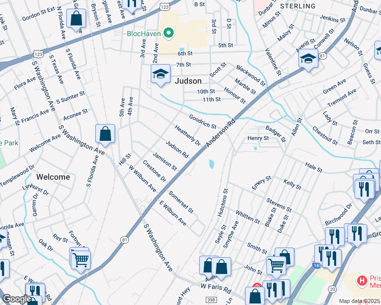 map of restaurants, bars, coffee shops, grocery stores, and more near 10 Judson Road in Greenville
