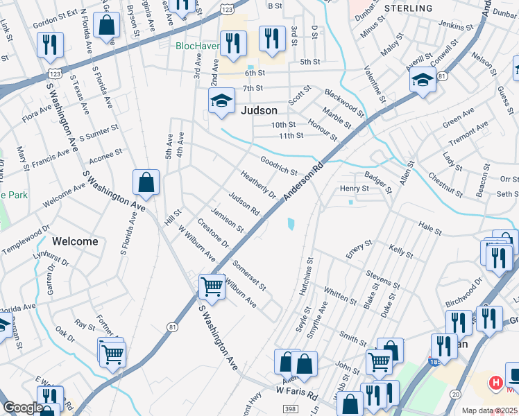 map of restaurants, bars, coffee shops, grocery stores, and more near 10 Judson Road in Greenville