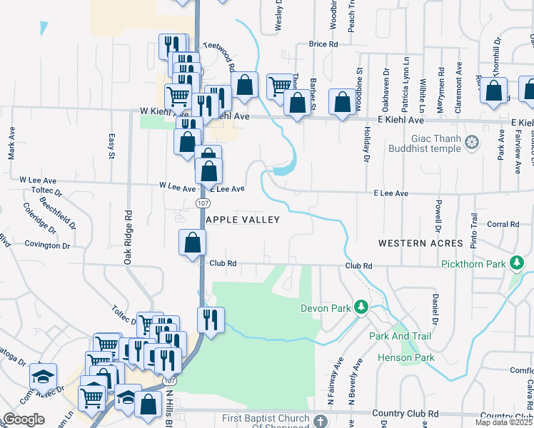 map of restaurants, bars, coffee shops, grocery stores, and more near 330 Apple Valley Drive in Sherwood