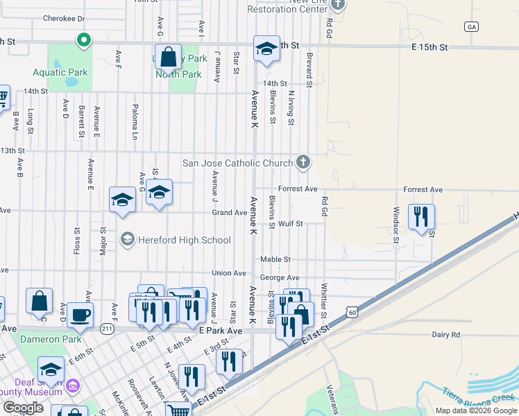 map of restaurants, bars, coffee shops, grocery stores, and more near 615 Blevins Street in Hereford