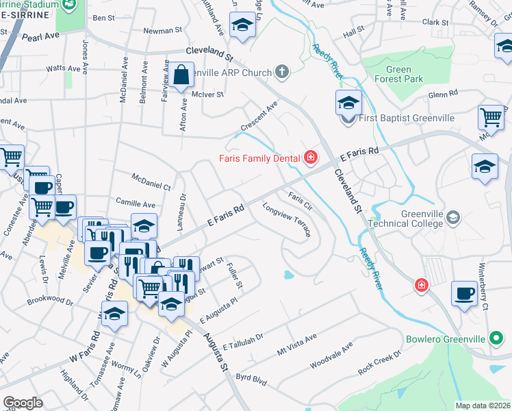 map of restaurants, bars, coffee shops, grocery stores, and more near 406 East Faris Road in Greenville