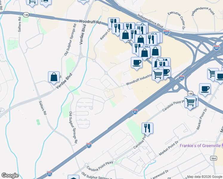 map of restaurants, bars, coffee shops, grocery stores, and more near 106 Woodruff Industrial Lane in Greenville