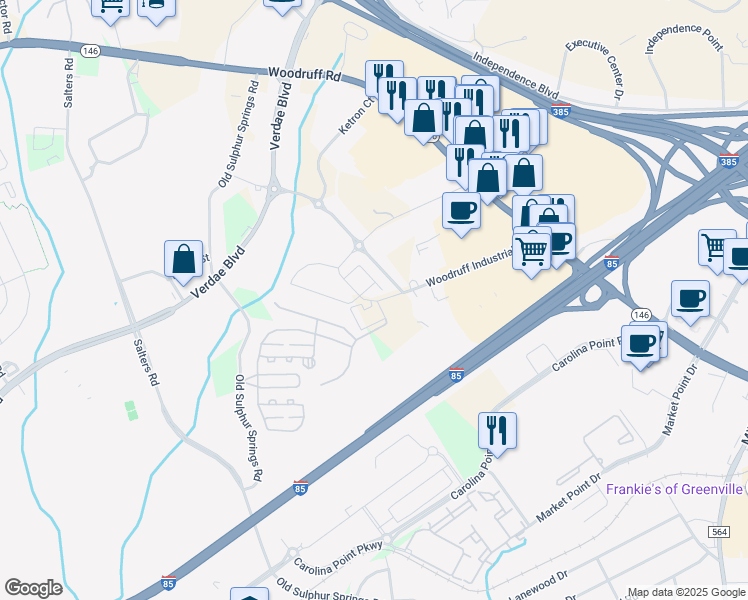 map of restaurants, bars, coffee shops, grocery stores, and more near 198 Woodruff Industrial Lane in Greenville
