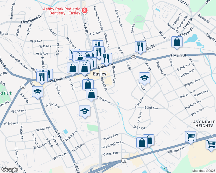 map of restaurants, bars, coffee shops, grocery stores, and more near 205 Russell Street in Easley