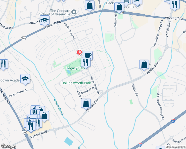 map of restaurants, bars, coffee shops, grocery stores, and more near 6 Darden Way in Greenville