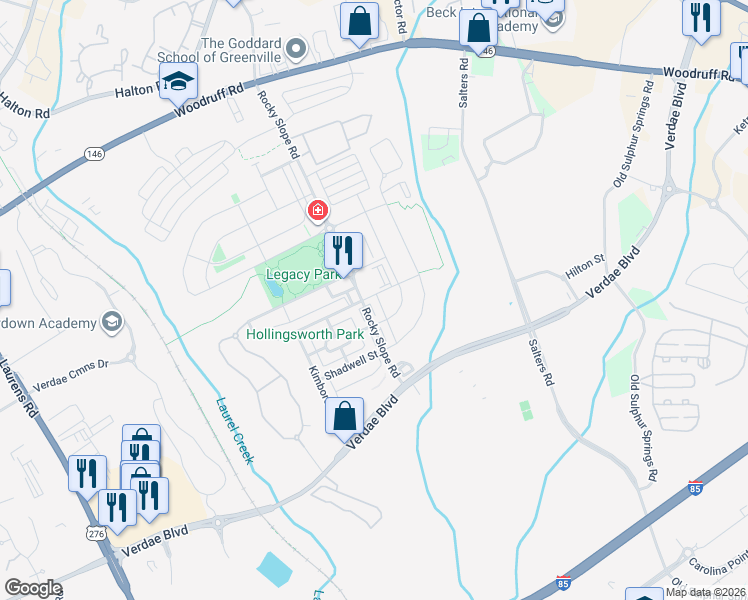 map of restaurants, bars, coffee shops, grocery stores, and more near 6 Darden Way in Greenville