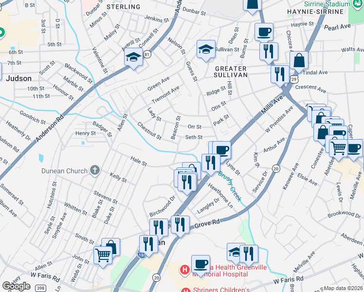 map of restaurants, bars, coffee shops, grocery stores, and more near 28 Seth Street in Greenville