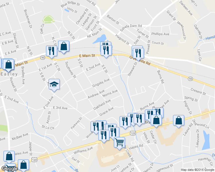 map of restaurants, bars, coffee shops, grocery stores, and more near 307 Andrew Avenue in Easley
