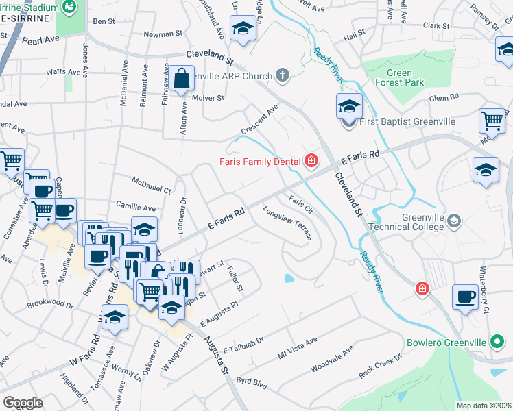 map of restaurants, bars, coffee shops, grocery stores, and more near 406 East Faris Road in Greenville