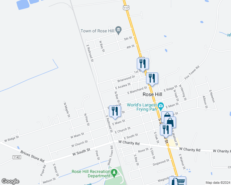 map of restaurants, bars, coffee shops, grocery stores, and more near 409 North Bay Street in Rose Hill