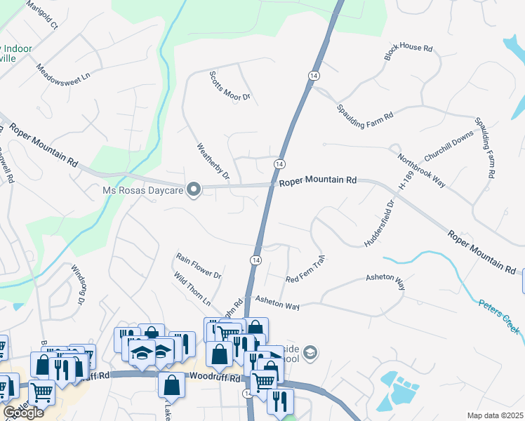 map of restaurants, bars, coffee shops, grocery stores, and more near 211 Green Arbor Lane in Greenville