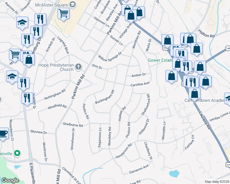 map of restaurants, bars, coffee shops, grocery stores, and more near 115 Buckingham Road in Greenville