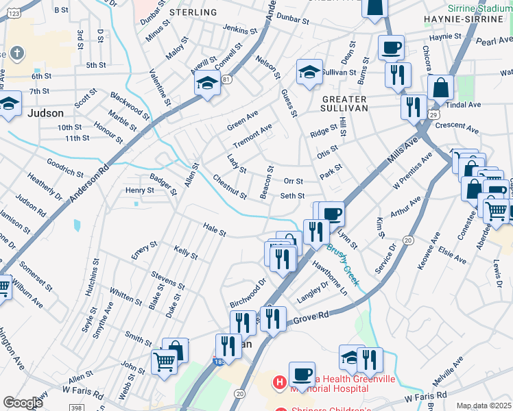 map of restaurants, bars, coffee shops, grocery stores, and more near 120 Chestnut Street in Greenville
