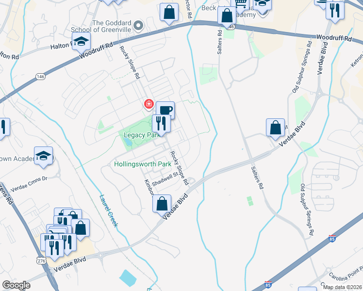 map of restaurants, bars, coffee shops, grocery stores, and more near 6 Darden Way in Greenville