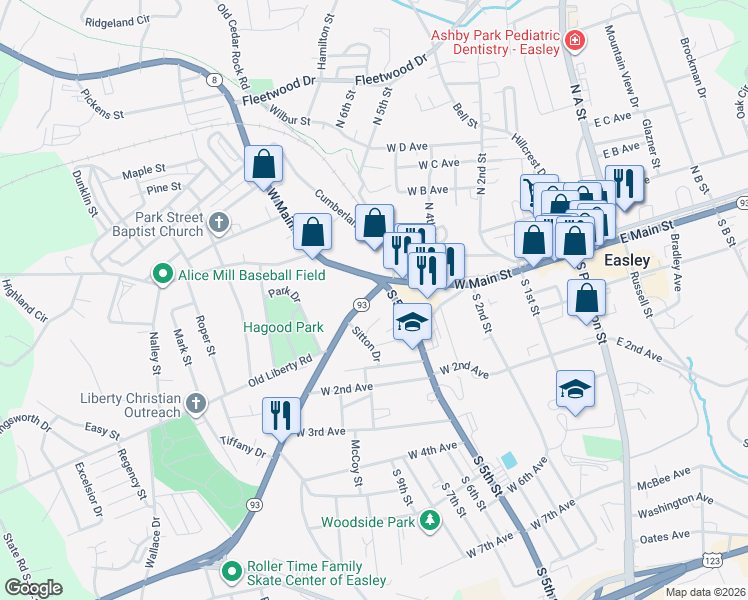 map of restaurants, bars, coffee shops, grocery stores, and more near 101 Liberty Drive in Easley