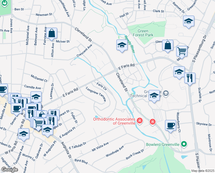 map of restaurants, bars, coffee shops, grocery stores, and more near 41 Faris Circle in Greenville