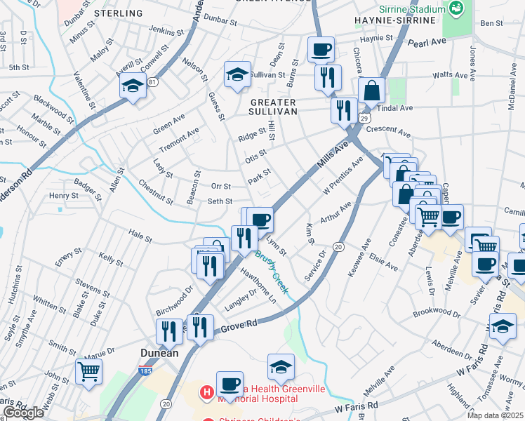 map of restaurants, bars, coffee shops, grocery stores, and more near 520 Guess Street in Greenville