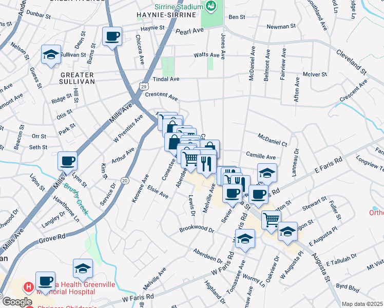 map of restaurants, bars, coffee shops, grocery stores, and more near Augusta St & Aberdeen Dr in Greenville