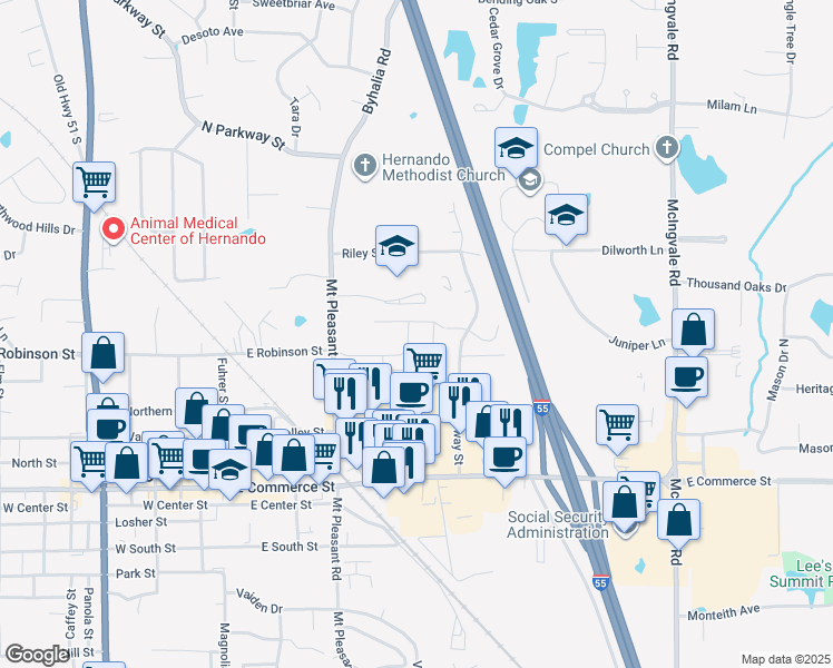 map of restaurants, bars, coffee shops, grocery stores, and more near 2172 Pleasant Grove Drive in Hernando