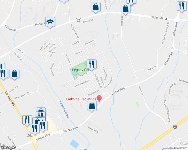 map of restaurants, bars, coffee shops, grocery stores, and more near 6 Rocky Slope Road in Greenville