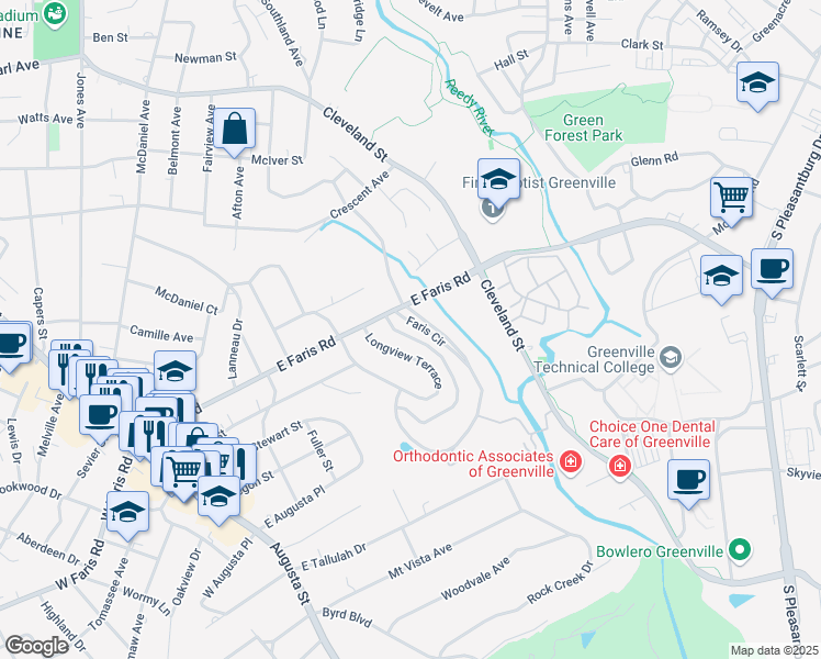 map of restaurants, bars, coffee shops, grocery stores, and more near 24 Faris Circle in Greenville