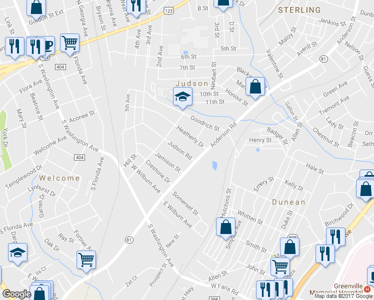 map of restaurants, bars, coffee shops, grocery stores, and more near 10 Judson Road in Greenville