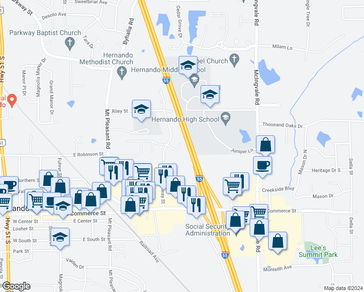 map of restaurants, bars, coffee shops, grocery stores, and more near 579 Shady Grove East in Hernando