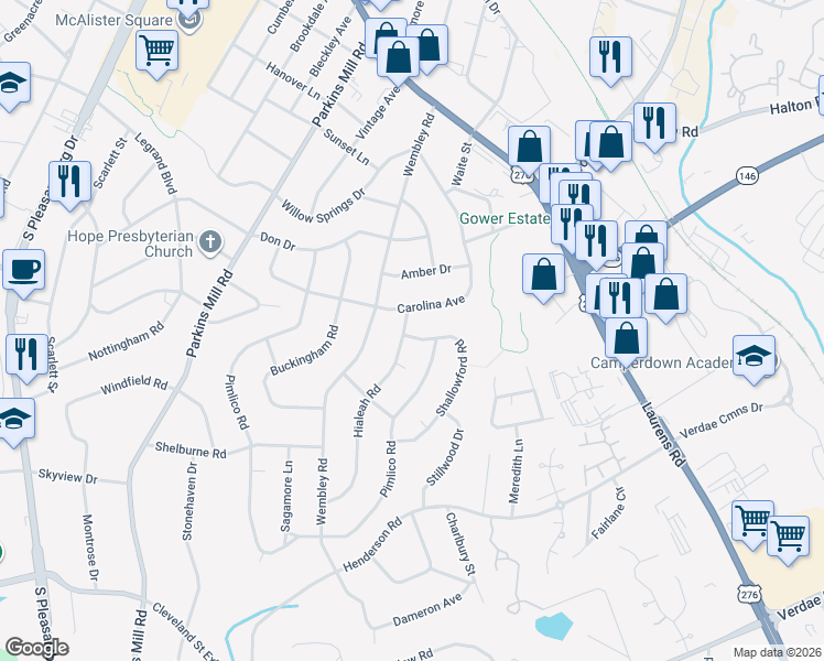 map of restaurants, bars, coffee shops, grocery stores, and more near 212 Shallowford Road in Greenville