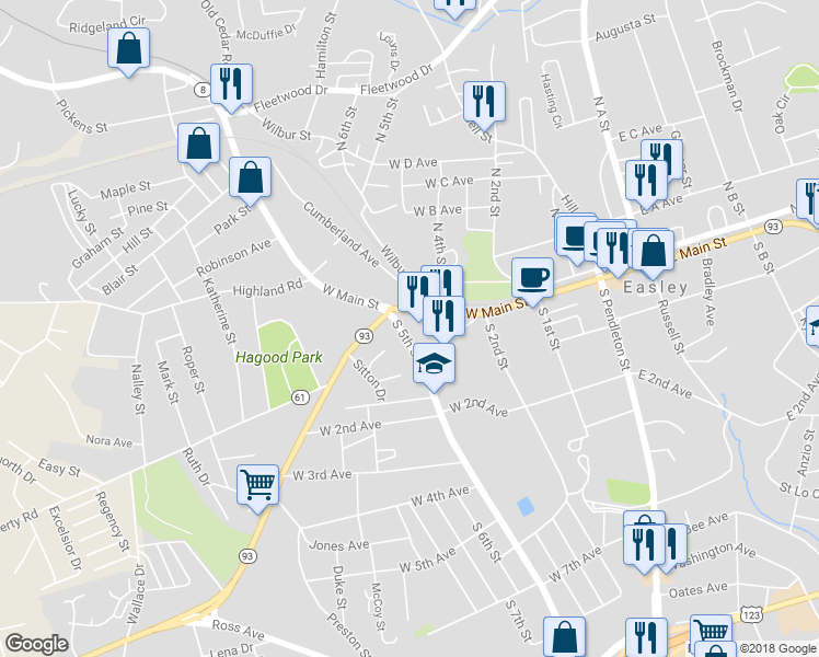 map of restaurants, bars, coffee shops, grocery stores, and more near 105 South 5th Street in Easley