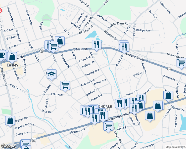 map of restaurants, bars, coffee shops, grocery stores, and more near 307 Andrew Avenue in Easley