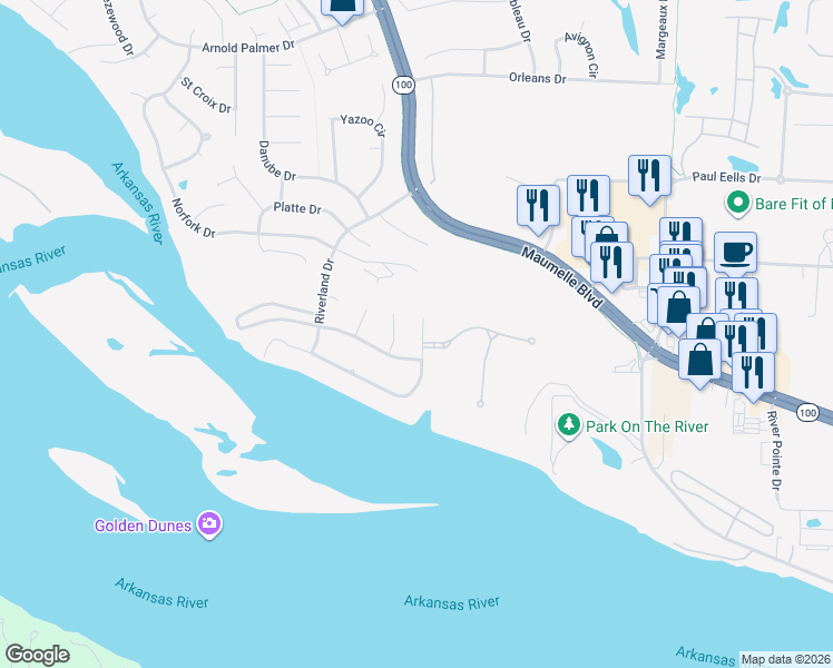 map of restaurants, bars, coffee shops, grocery stores, and more near 33 Crystal Mountain Lane in Maumelle