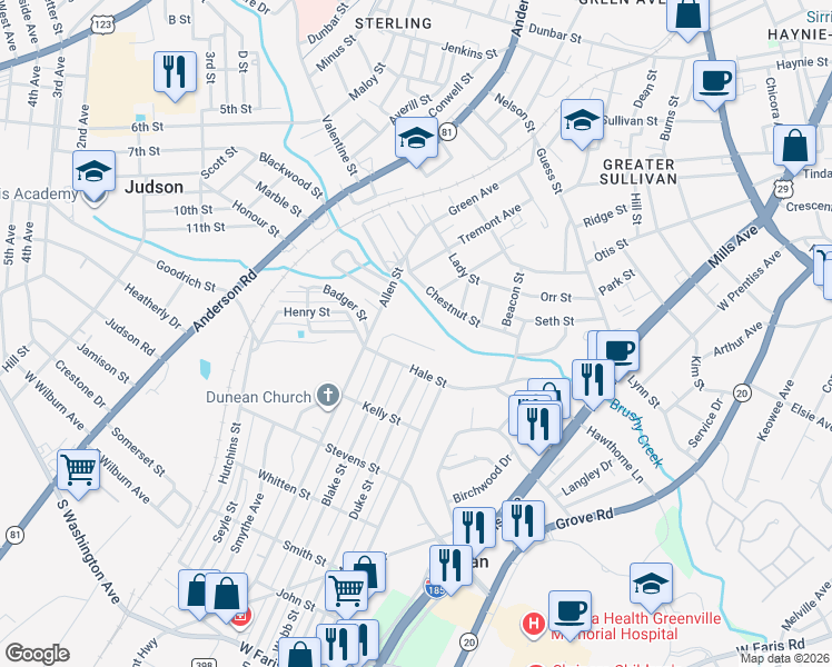 map of restaurants, bars, coffee shops, grocery stores, and more near 121 River Valley Lane in Greenville