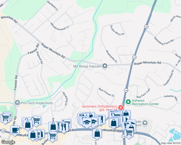 map of restaurants, bars, coffee shops, grocery stores, and more near 14 Travertine Court in Greenville