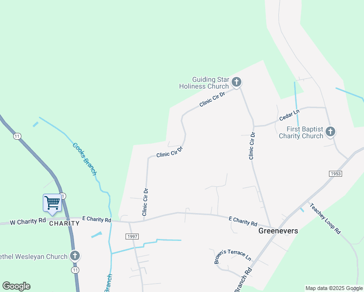 map of restaurants, bars, coffee shops, grocery stores, and more near Clinic Circle Drive in Greenevers