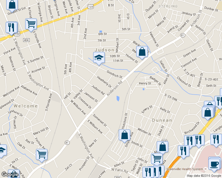 map of restaurants, bars, coffee shops, grocery stores, and more near 1600 Anderson Road in Greenville